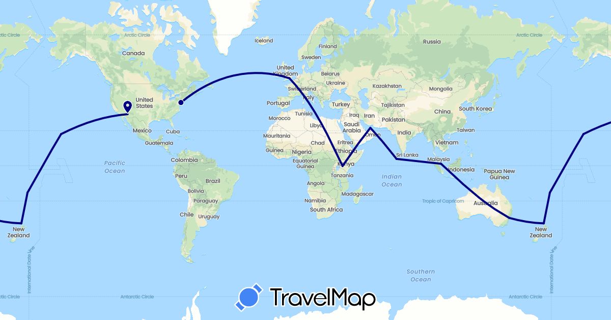 TravelMap itinerary: driving in United Arab Emirates, Australia, Fiji, United Kingdom, Kenya, Maldives, New Zealand, Singapore, United States (Africa, Asia, Europe, North America, Oceania)